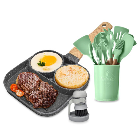 Set Sartén 3Divisiones + Utensillos 12Pzs + Cepillo p/lavado Gris