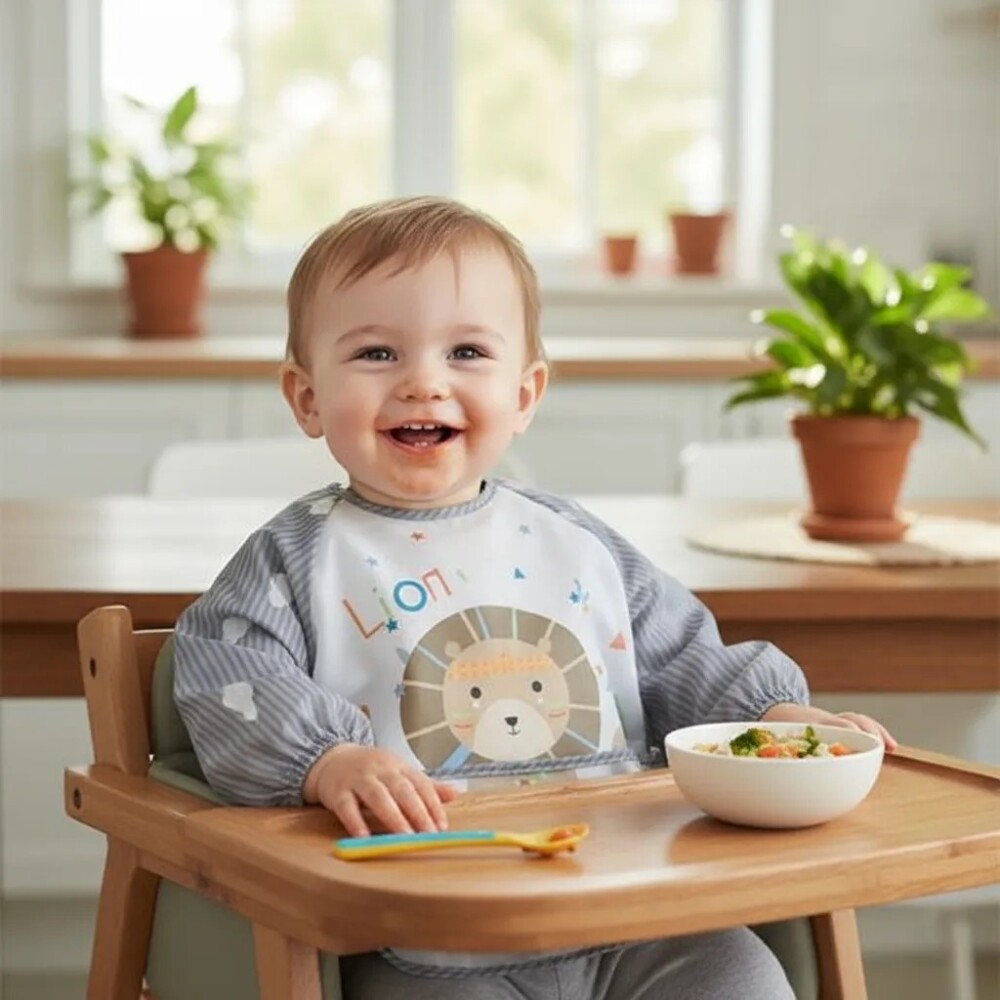 Babero con manga Little Ones leon gris