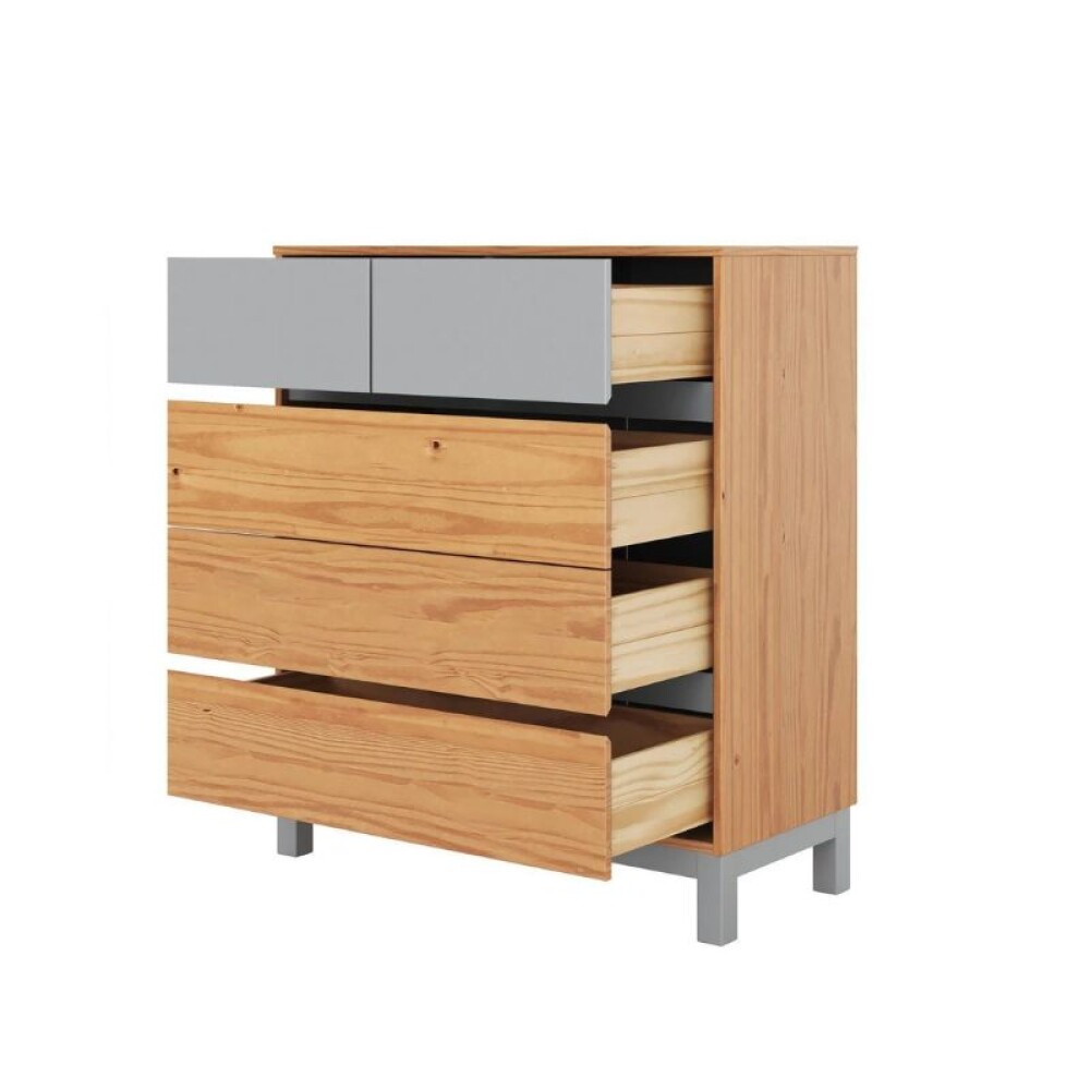 Cómoda 5 Cajones - Madera Maciza Pino/Gris - Square Cómoda 5 Cajones - Madera Maciza Pino/Gris - Square