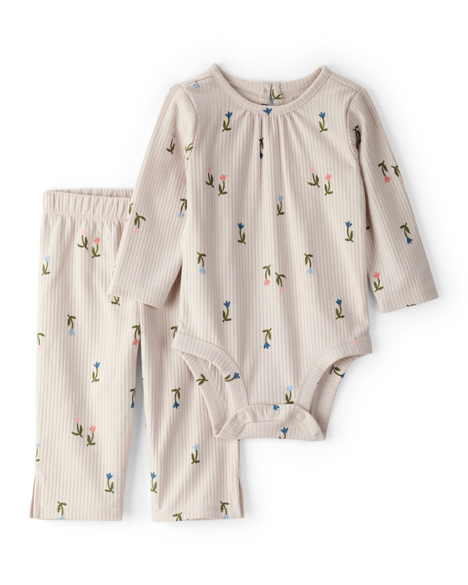 Set dos piezas de algodón acanalado, pantalón y body, diseño floral Sin color