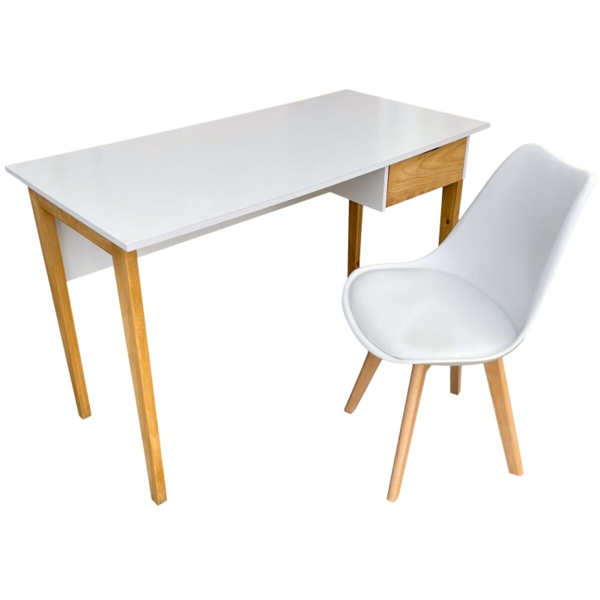 Set de Escritorio Melilla con Cajón y Patas de Madera y Silla Eames con Asiento Acolchado 