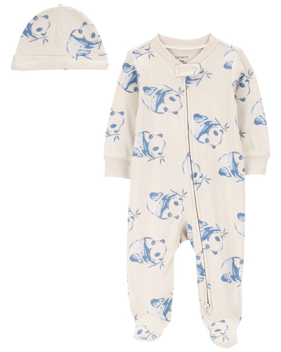 Pijama una pieza de algodón, con pie y gorro, diseño panda 