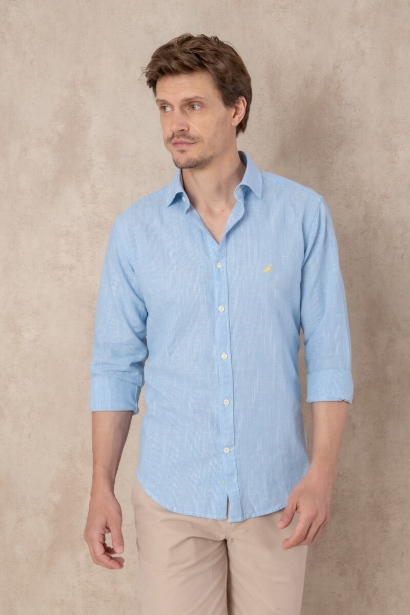 Camisa Lino Short collar - Raya fina blanca 