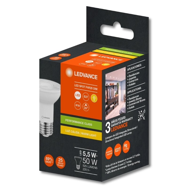 LAMPARA LED LEDVANCE OSRAM PAR20 5.5W Lámpara LED LEDVANCE OSRAM PAR20 5.5W Luz Cálida