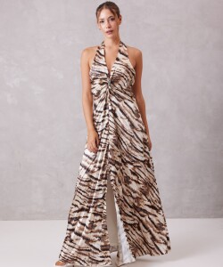 Vestido Largo Halter Plisado Con Broche MULTI/MARRON
