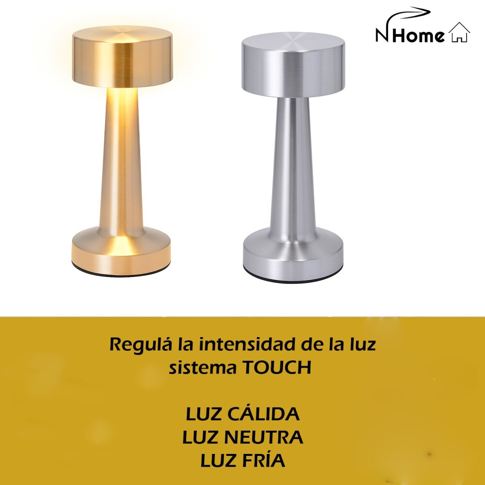 Lampara De Mesa De Luz Led Recargable Con Diseño De Cilindro Plateado