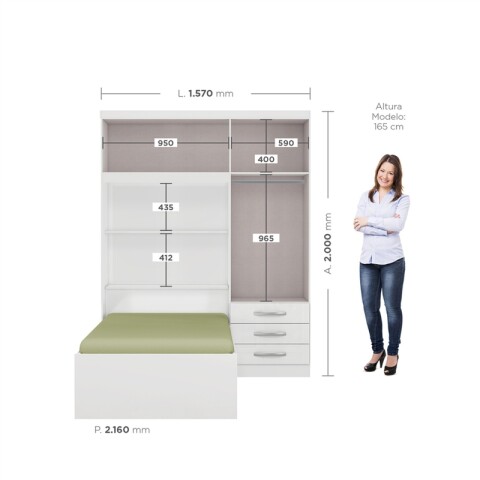 Ropero Lisboa 4 Puertas 3 Cajones con Cama Individual y Baúl - Blanco Ropero Lisboa 4 Puertas 3 Cajones con Cama Individual y Baúl - Blanco