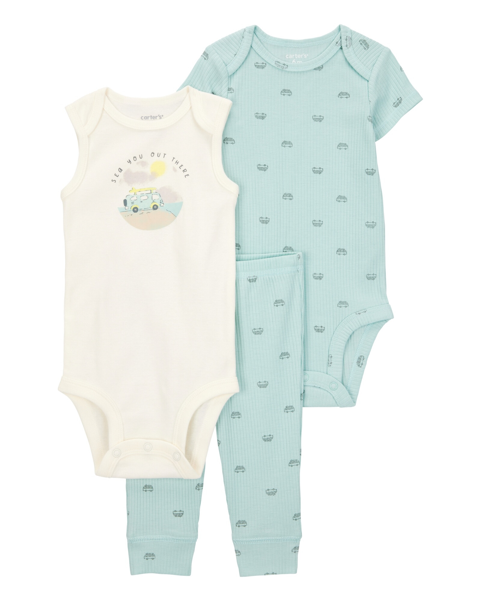 Set tres piezas de algodón, pantalón y dos bodies, diseño combis Set tres piezas de algodón, pantalón y dos bodies, diseño combis