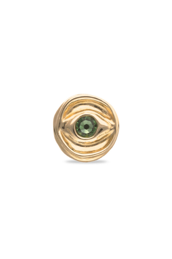 ANILLO TIPO SELLO EN ALEACIÓN DE METALES BAÑADO EN ORO 18K EN FORMA DE OJO CON CRISTAL FACETADO VERDE Anillo