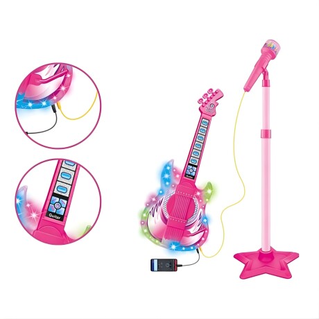 Micrófono Infantil con pie, guitarra con luz y sonido MP3 3AA Rosa