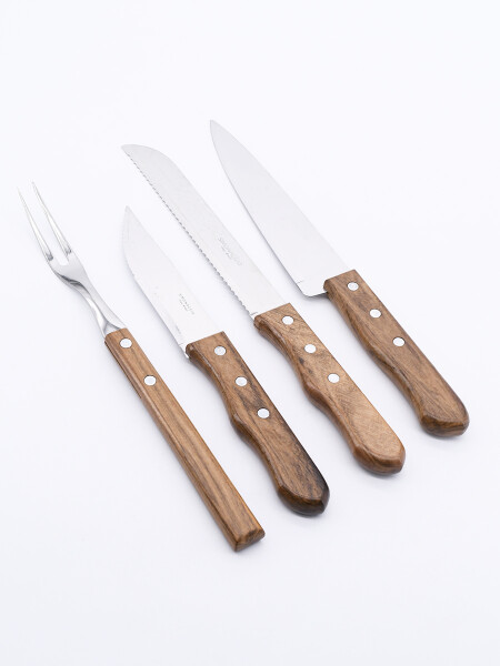 CUCHILLOS ASADOR CON TENEDOR SET X 4 MARRON