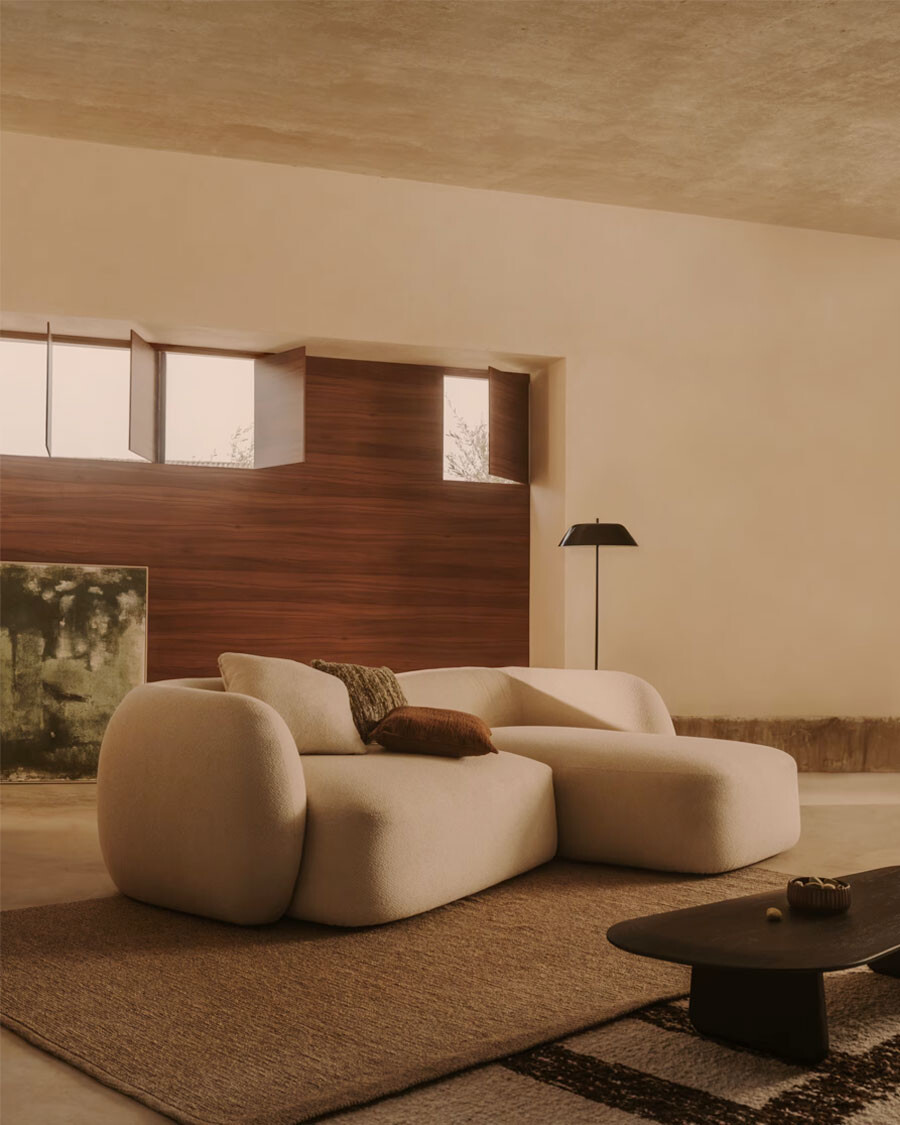 Sofá modular Martina 3 plazas de chenilla con chaise longue derecho color crudo 287 cm Sofá modular Martina 3 plazas de chenilla con chaise longue derecho color crudo 287 cm