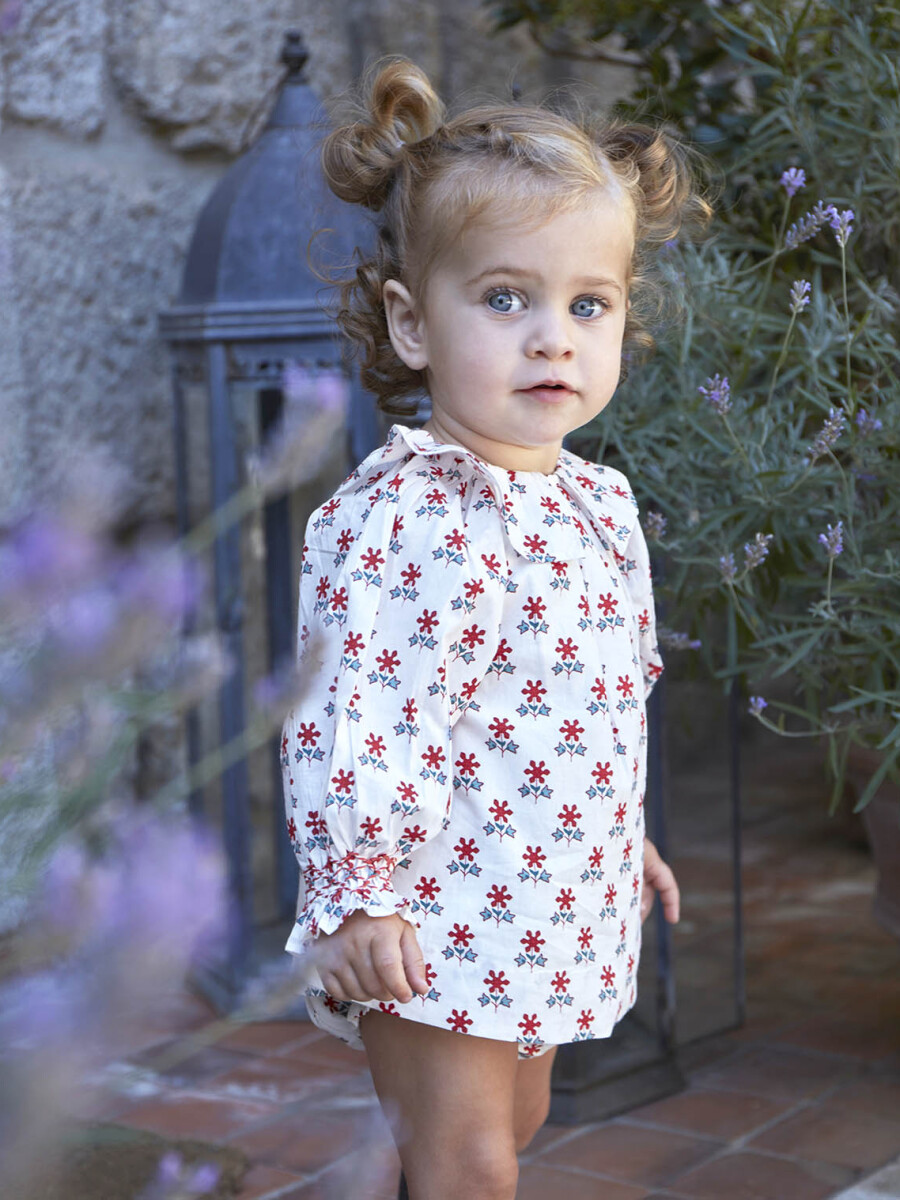 Vestido Estampado Suelto Con Cuello Volante Blanco Roto