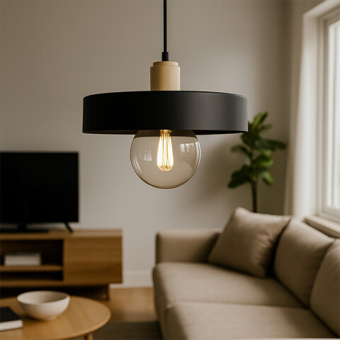 Colgante pantalla metal negro y madera E27 Ø300mm JU0384