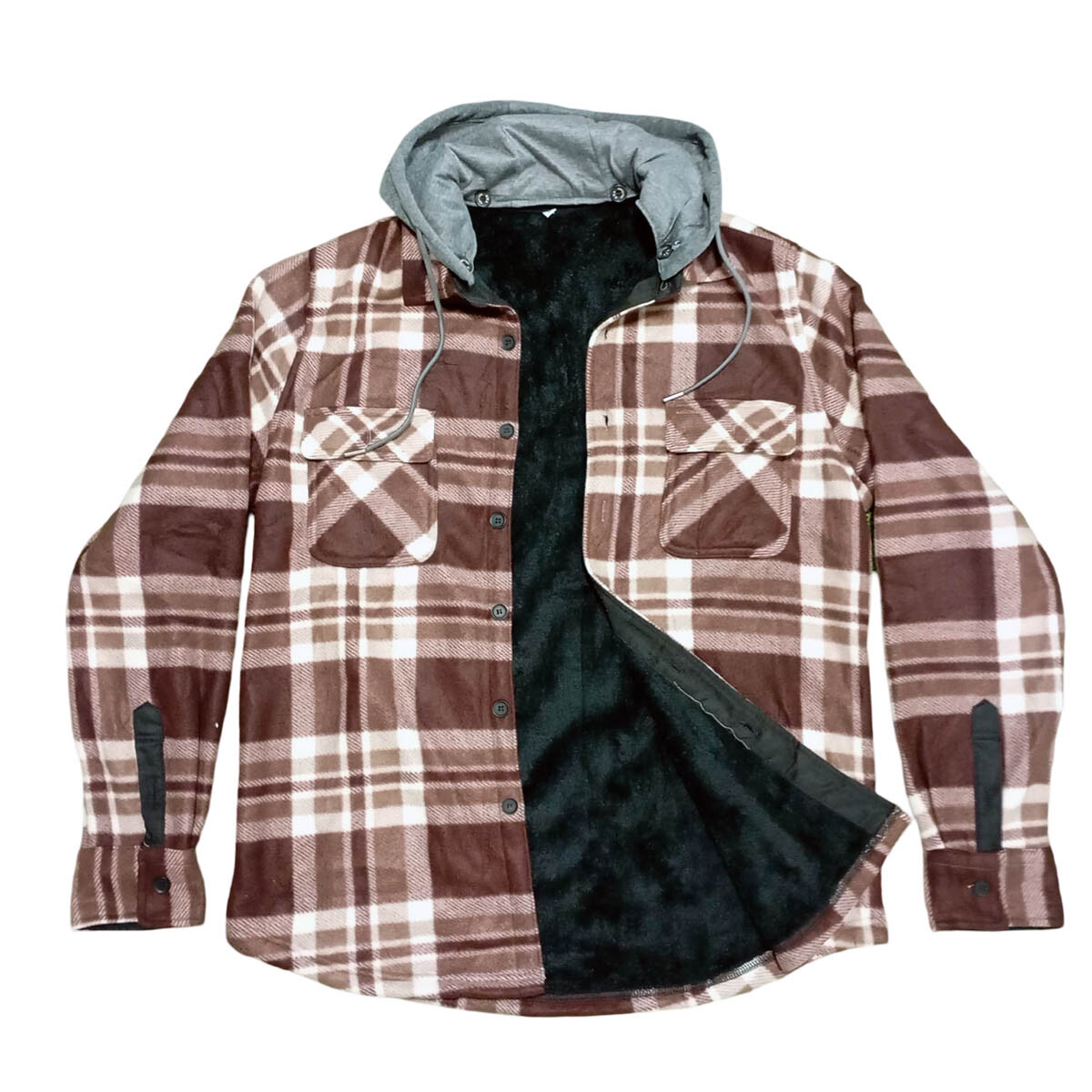 Campera Camisa Leñadora Cangurito Capucha Botones - Marron 