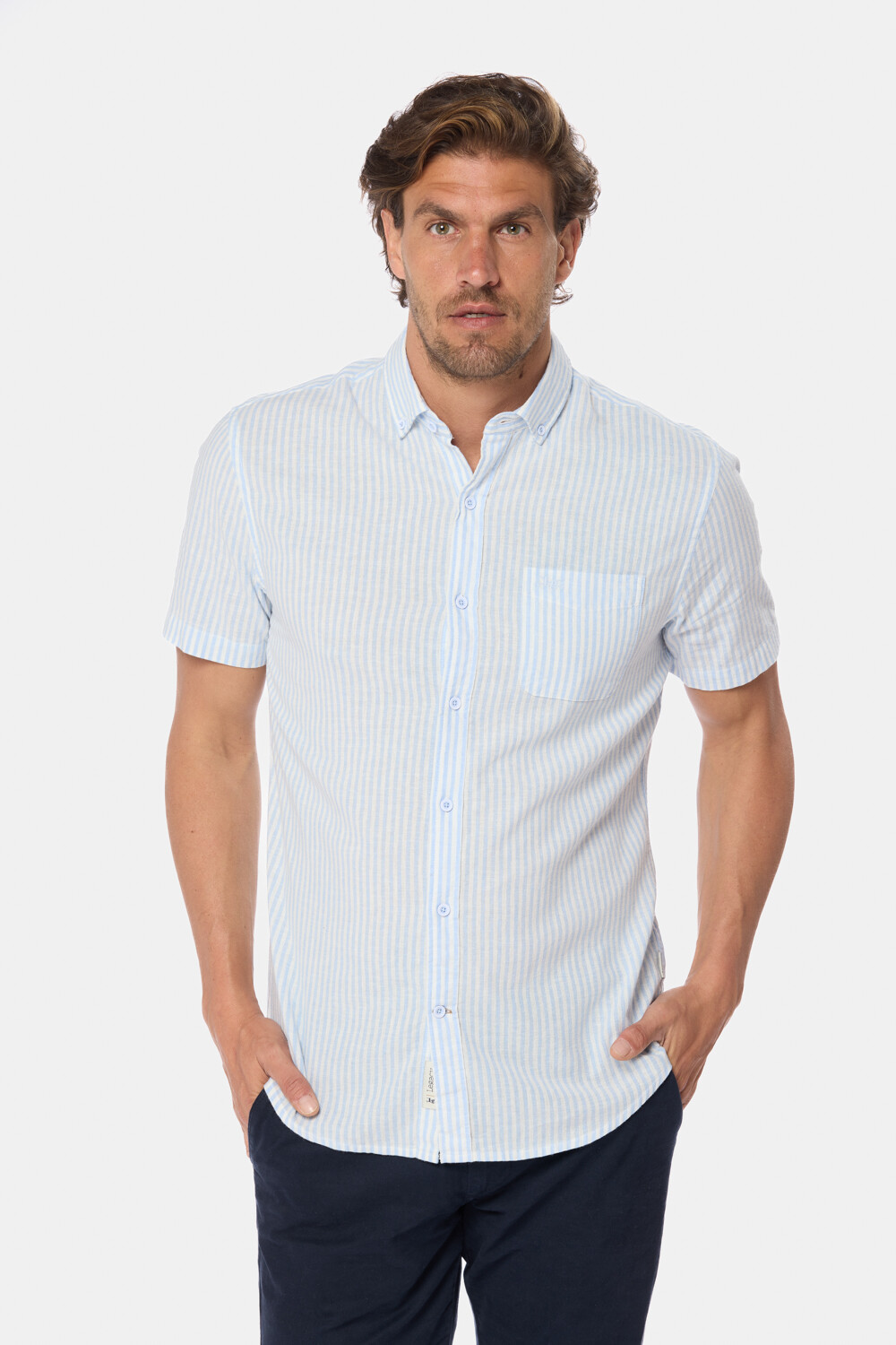 CAMISA DE LINO RAYADA Azul