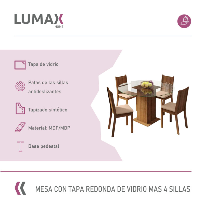 Juego de comedor con mesa redonda de vidrio y 4 sillas rústicas Beige