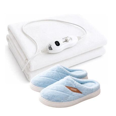 Set Invierno Pantuflas Unisex + Calienta Cama 1 Plaza HTS Celeste