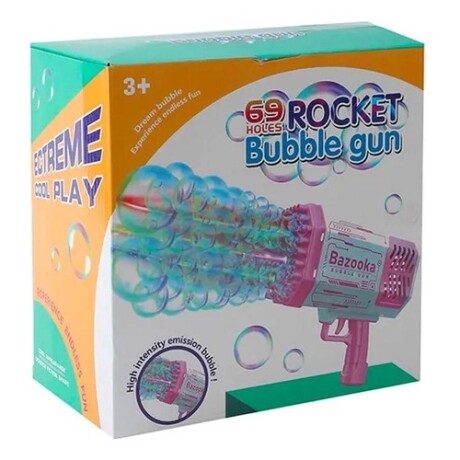 Pistola Bazooka de burbujas con luz LED + accesorios Celeste