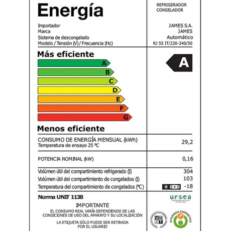 Heladera JAMES RJ55 407 Litros Inox