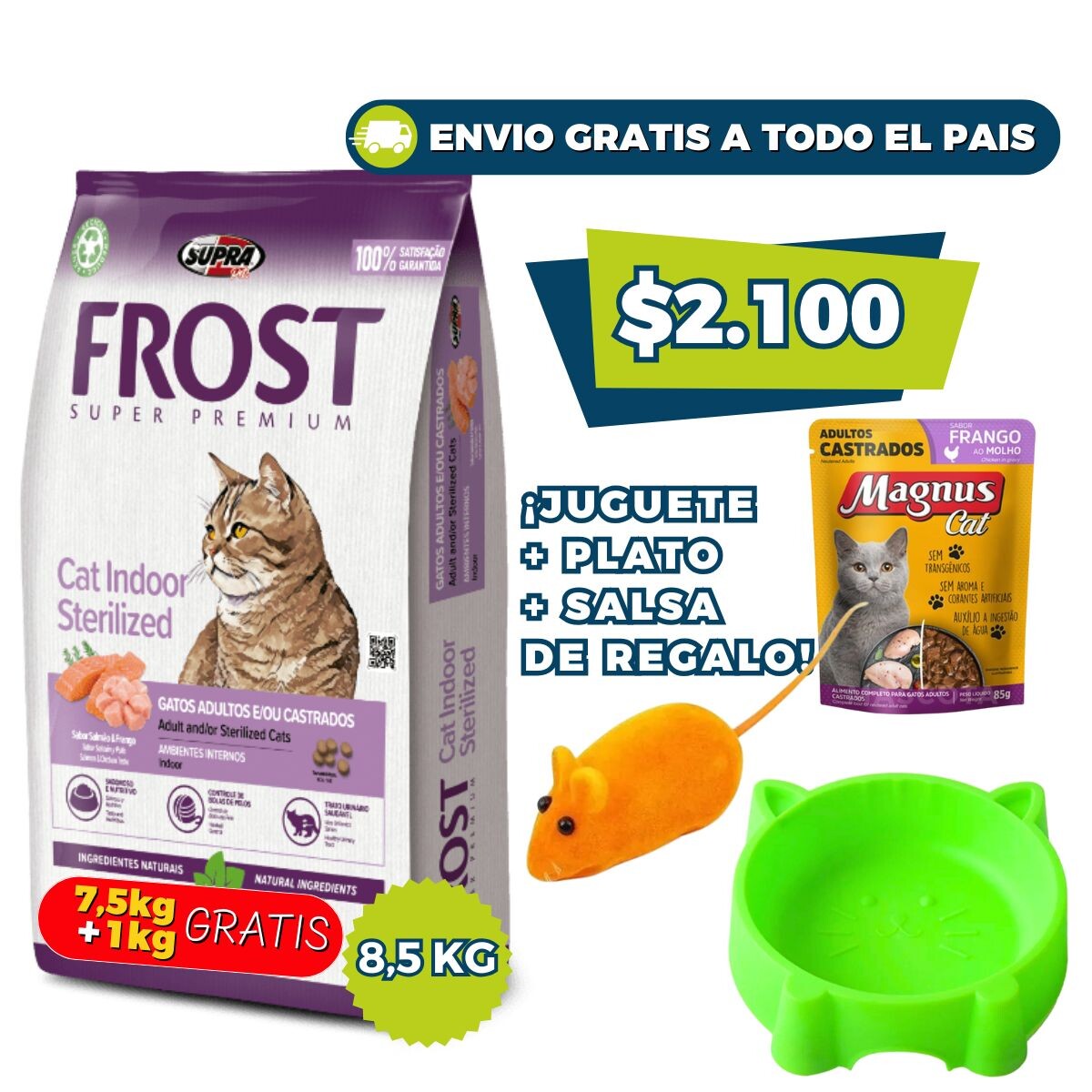 FROST GATOS ADULTOS Y/O CASTRADOS - 7.5 + 1 KG GRATIS + JUGUETE + COMEDERO + SALSA 