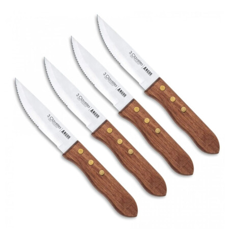 Set X4 Cuchillos p/ Carne Asado en Acero Inox y Mango Madera Marrón