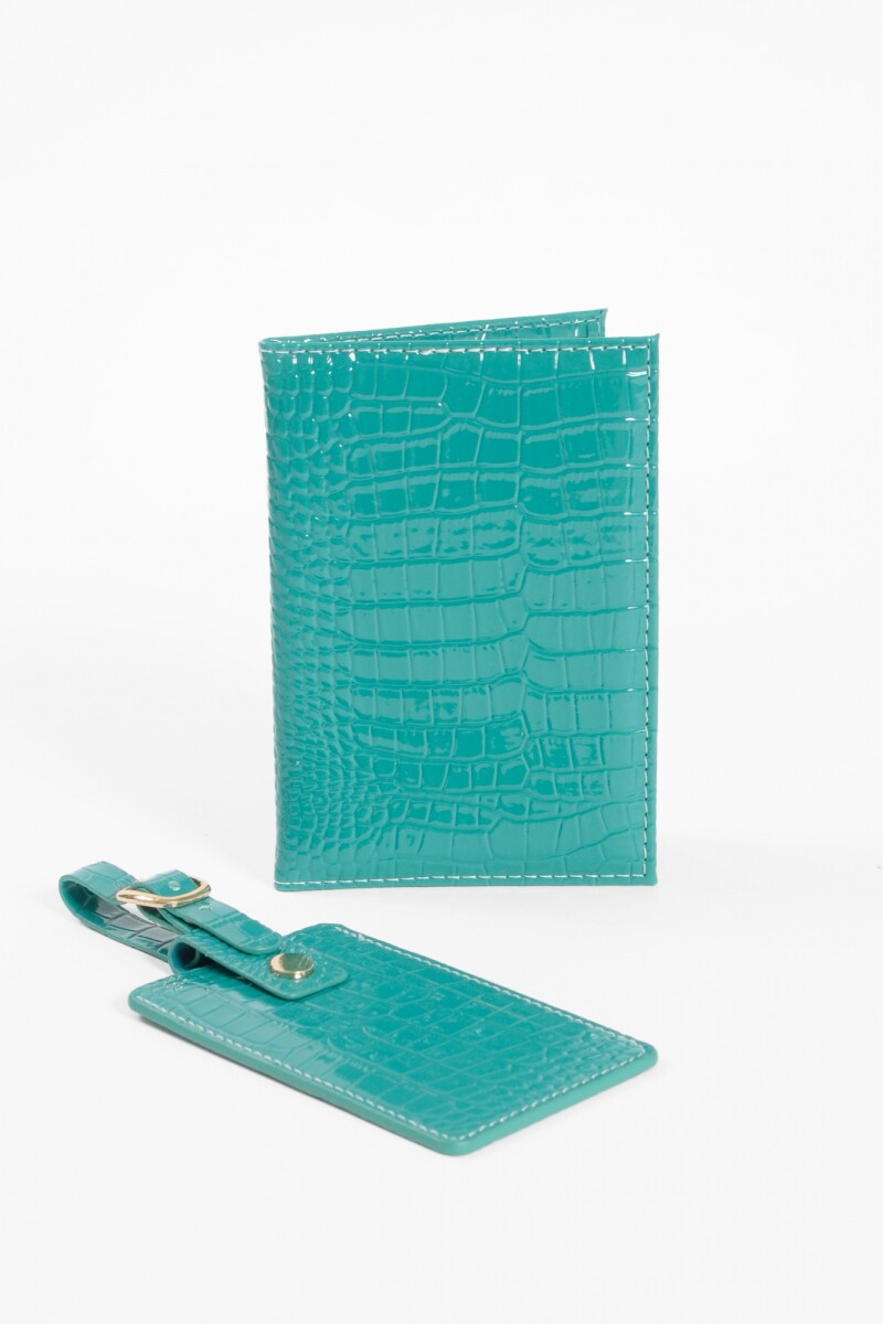 Set de funda para pasaporte y tag de valija croco celeste