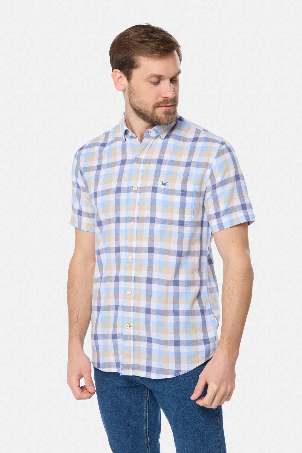 CAMISA LINO A CUADROS Azul