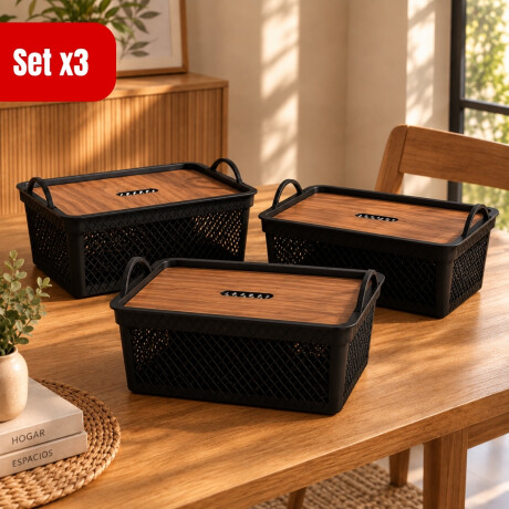 Set x3 Caja con tapa simil madera 20 Lts NEGRO