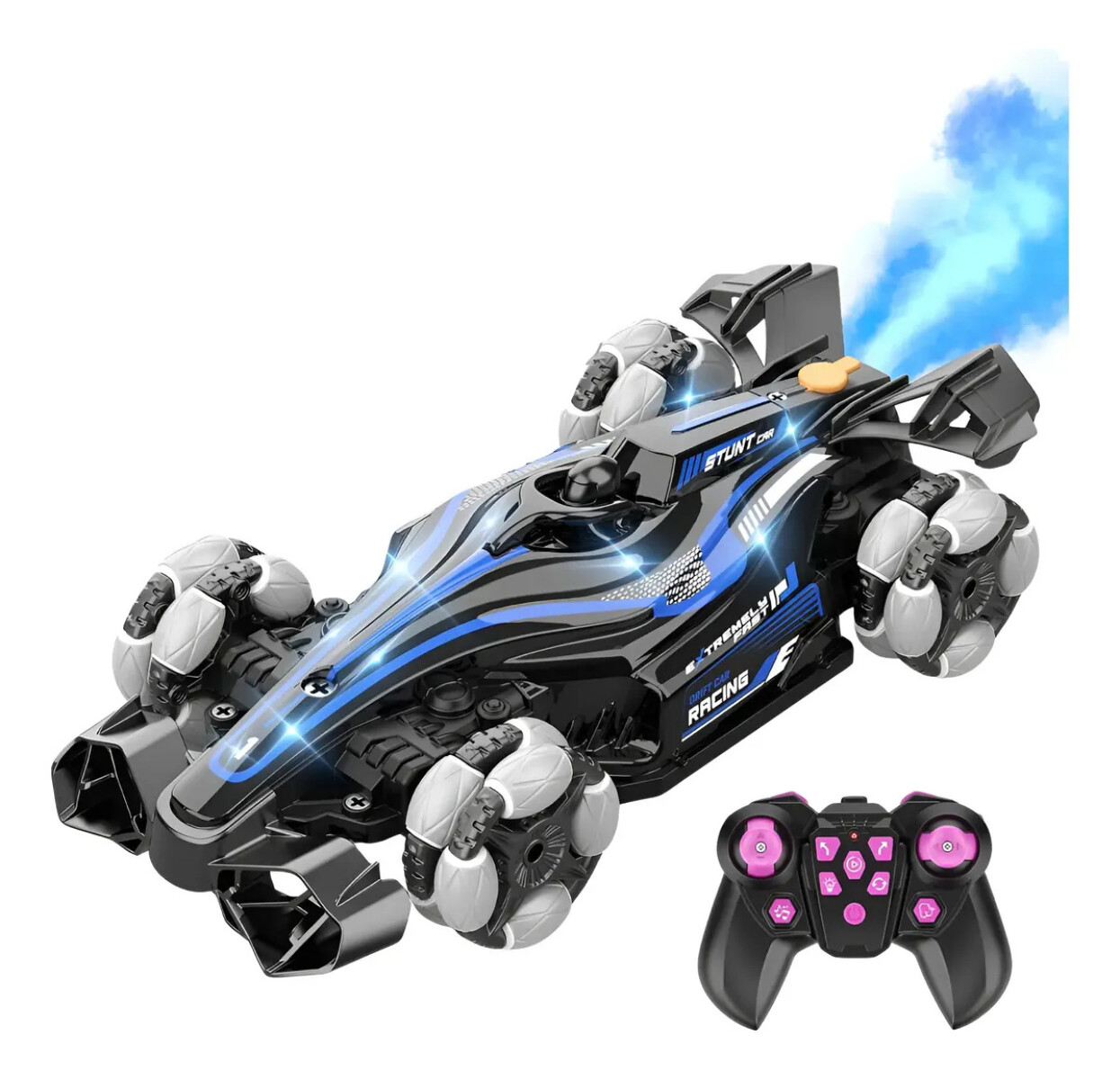 Auto de carreras a control remoto, doble control, efecto humo y luces LED - Azul 