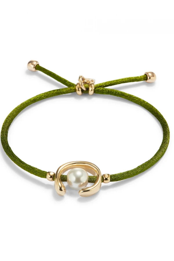 PULSERA DE HILO VERDE OSCURO CON PERLA SHELL FORNITURA BAÑADA EN ORO 18K. Pulsera