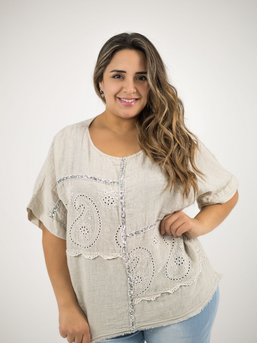 Blusa 100% lino con broderie y brillo blanca