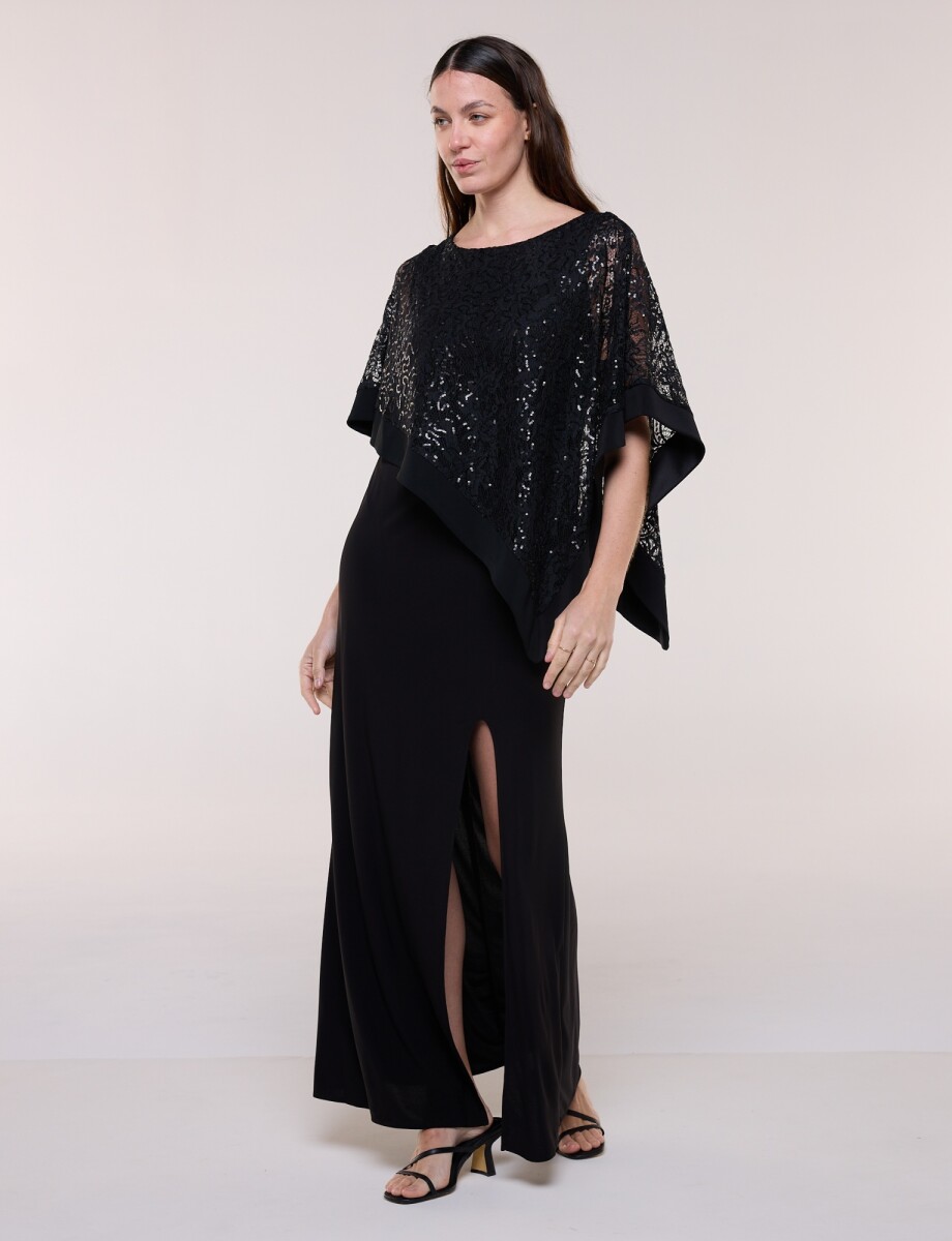 Vestido Noche Con Capa Bordada - Negro 
