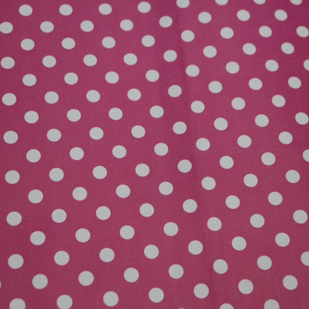 PAPEL DE REGALO 75 X 50 PUNTOS BLANCOS FONDO ROSADO