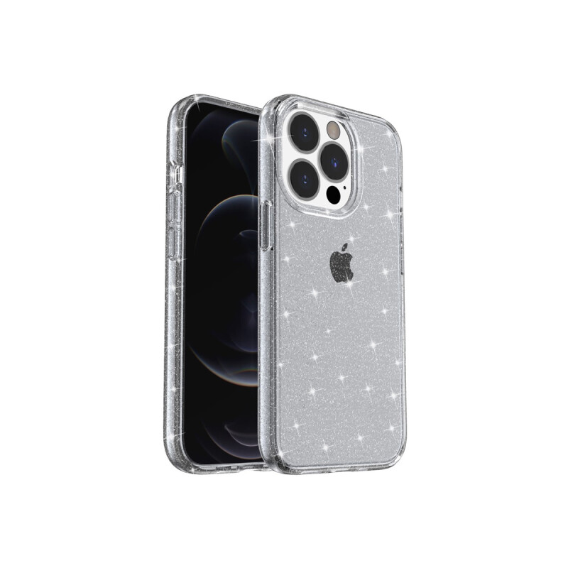 Protector rígido iPhone 15 Pro transparente gris con brillos Protector Rígido Iphone 15 Pro Transparente Gris Con Brillos