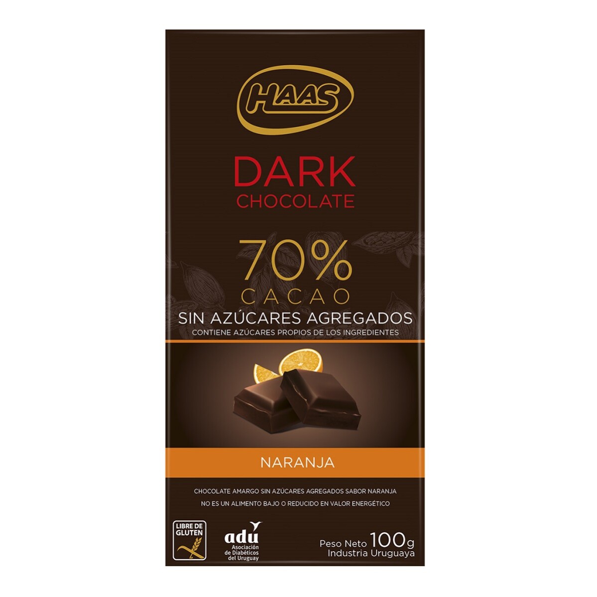 Haas Tableta Chocolate Amargo S/azucar Naranja 100 Grs. 