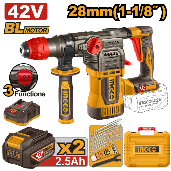 ROTOMARTILLO A BATERIA 42V 28MM 1-1/8´´ BRUSHLESS SDS PLUS 4.5J C/ 2 BAT 2.5AH + ROTOMARTILLO A BATERIA 42V 28MM 1-1/8´´ BRUSHLESS SDS PLUS 4.5J C/ 2 BAT 2.5AH +