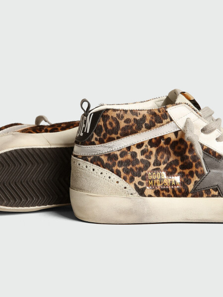 GOLDEN GOOSE - Zapatillas Mid Star de piel con estampado leopardo y estrella negra Alta Automática
