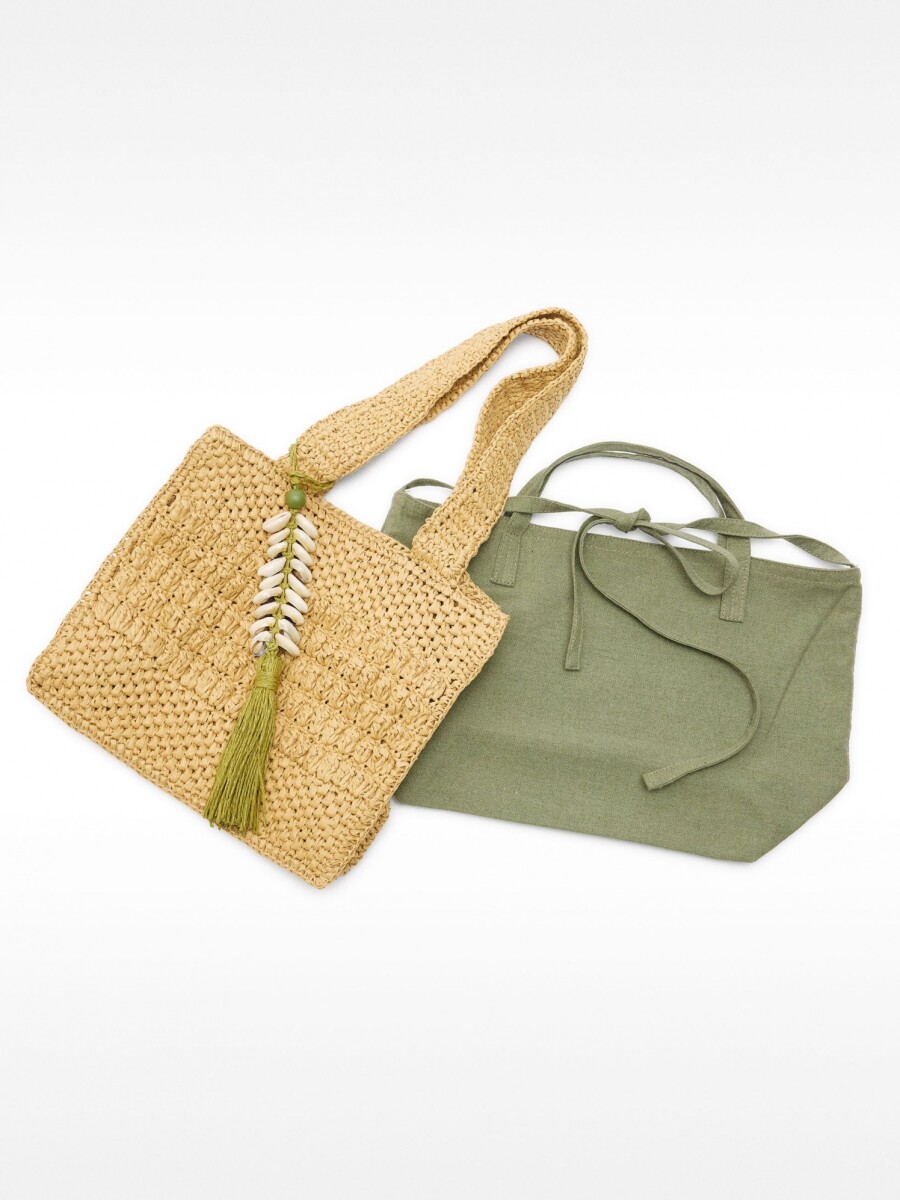 Bolso Tote Efecto Rafia Con Detalle De Conchas Colgante M natural