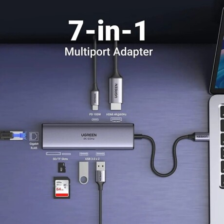 Ugreen Hub 7 en 1 Gigabit Ethernet/pd/hdmi 4K/SD 001