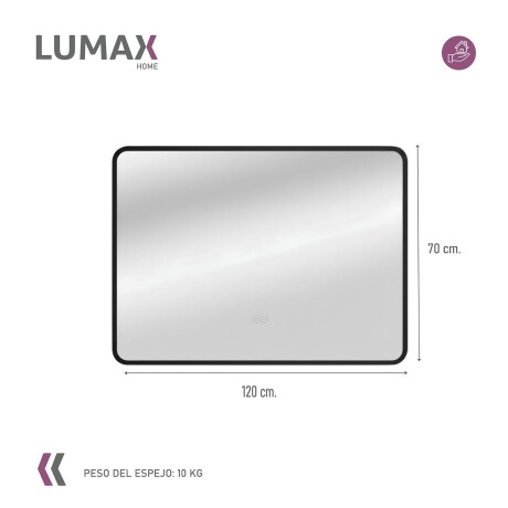 Espejo Horizontal Lumax c/marco desempañador y luz 120x70cm Negro