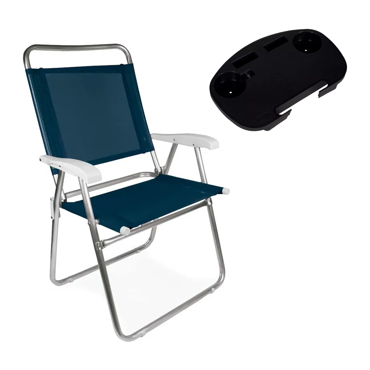 Silla Alum 120kg Plegable + Mesa Bandeja Portátil Divisiones - Azul Marino 