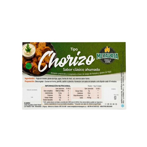Chorizo Vegano Clásico Ahumado 460 g Metapata Chorizo Ahumado Metapata 420g