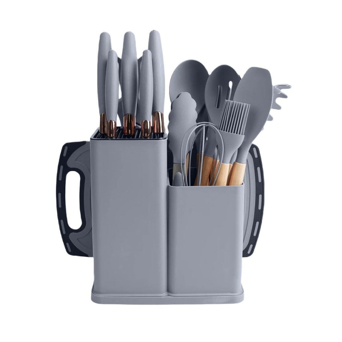 Utensilios Y Cuchillos Cocina Con Soporte Y Tabla Set 19pcs Color Gris 