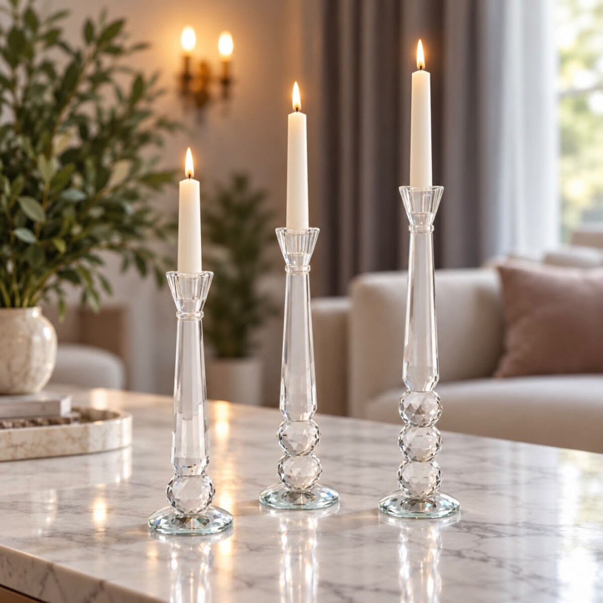 Juego de 3 Candelabros de Vidrio Facetado 