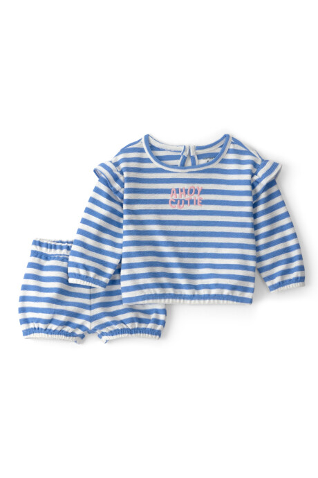 Set dos piezas de algodón, short y remera manga larga, azul y blanco, diseño a rayas Set dos piezas de algodón, short y remera manga larga, azul y blanco, diseño a rayas