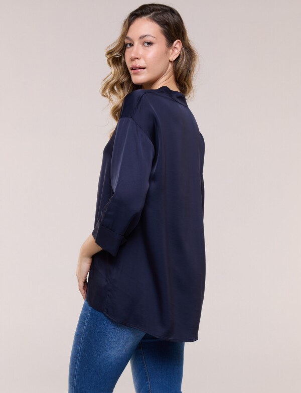 Camisa Saten Cuello Mao AZUL