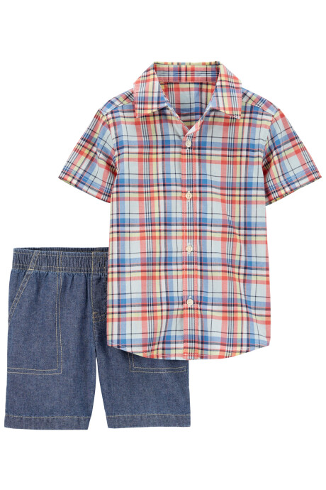 Set dos piezas short jean y camisa a cuadros Sin color
