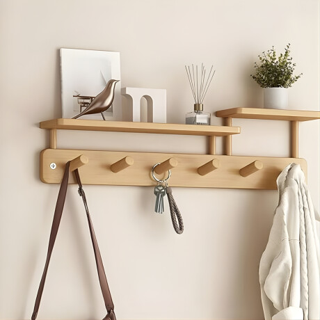 Perchero De Pared 8 Ganchos Colgante Con Repisas De Madera MARRON CLARO