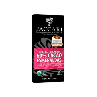 Chocolate Orgánico Cacao 60% Esmeraldas 50 g Paccari Chocolate Peccari 60% Cacao Es